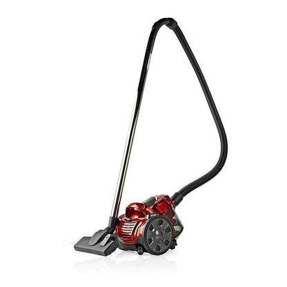 Ein rot-schwarzer Nedis - Staubsauger ohne Beutel - 700 W. 1,5 l Staubkapazität, Hepa-Filter, Anthrazit/Rot mit silbernem Teleskoprohr und flexiblem schwarzen Schlauch von immer-saugut. Dieser Staubsauger verfügt über große schwarze Räder, eine Kombi-Bürs