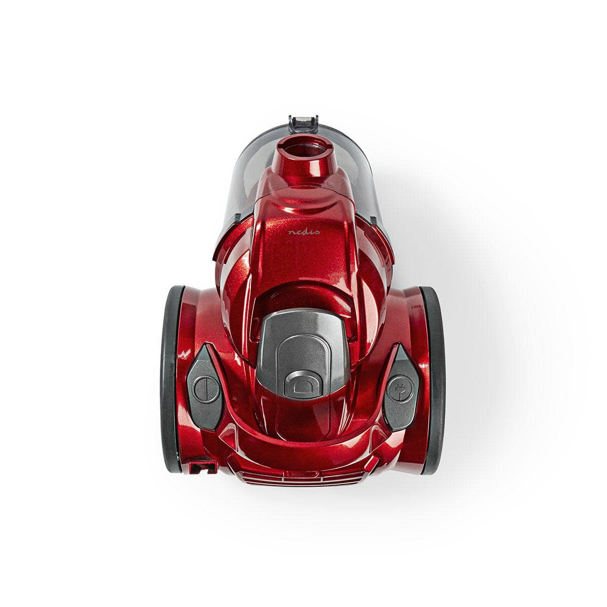 Ein roter, moderner Immersauger Nedis - Staubsauger ohne Beutel - 700 W. 1,5 l Staubkapazität, Hepa-Filter, Anthrazit/Rot mit großen schwarzen Rädern, einem zentralen grauen Einschaltknopf und einem schlanken Design. Der Markenname „Nedis“ ist oben sichtb