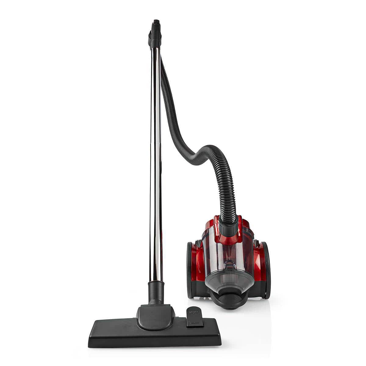 Abgebildet ist ein rot-schwarzer Immersauger von Nedis – Staubsauger ohne Beutel – 700 W. 1,5 l Staubkapazität, Hepa-Filter, Anthrazit/Rot mit einem langen, flexiblen Schlauch und einem Teleskoprohr aus Metall. Er hat zwei große Hinterräder, einen durchsi