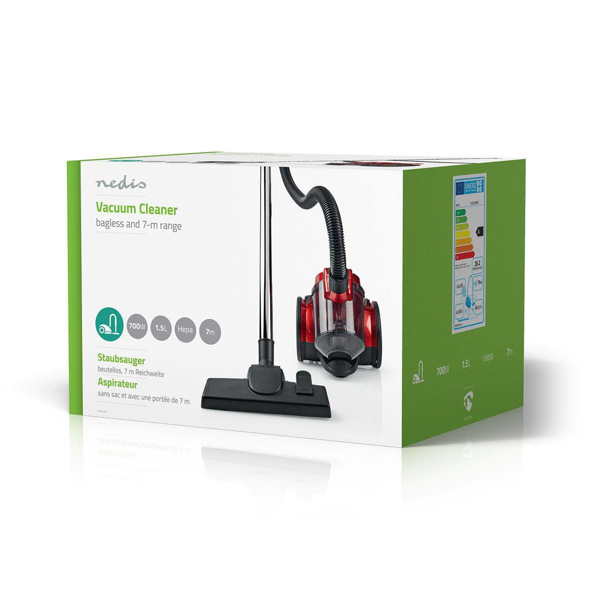 Karton eines Immersauger-Staubsaugers mit überwiegend grün-weißem Design. Der Karton zeigt ein Bild des rot-schwarzen Nedis - Staubsauger ohne Beutel - 700 W. 1,5 l Staubkapazität, Hepa-Filter, Anthrazit/Rot, der einen langen Griff hat. Der Text hebt Merk