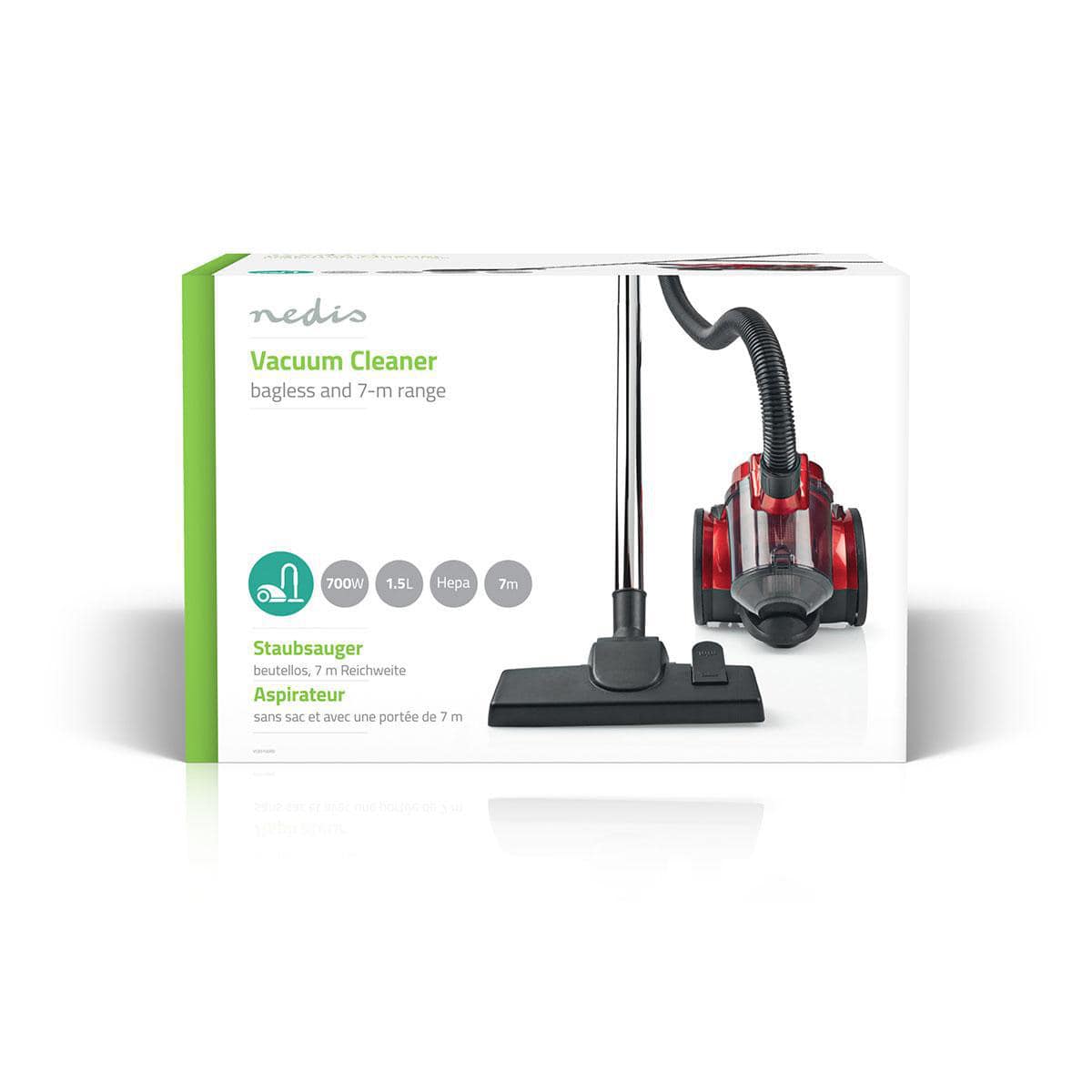Ein Produktbild eines Immersaugers Nedis – Staubsauger ohne Beutel – 700 W. 1,5 l Staubkapazität, Hepa-Filter, Anthrazit/Rot in seiner Verpackung. Die Verpackung zeigt ein Bild des rot-schwarzen Staubsaugers, das seine 700 W Leistung, Kombi-Bürste, 1,5 l 