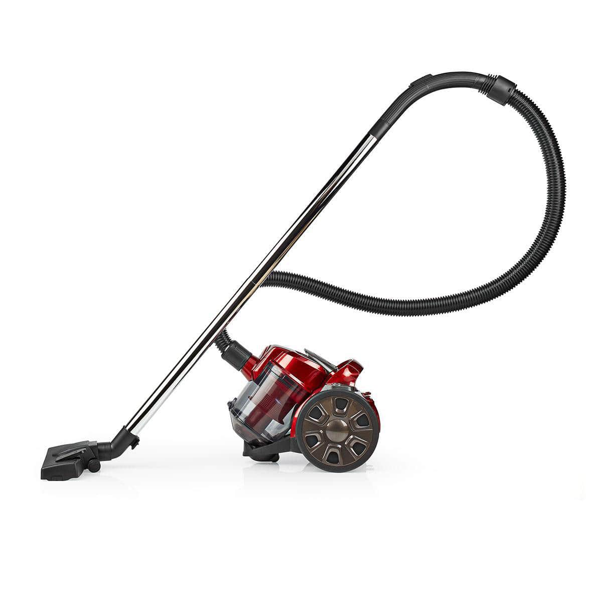 Ein Immersauger von Nedis – Staubsauger ohne Beutel – 700 W. 1,5 l Staubkapazität, Hepa-Filter, Anthrazit/Rot mit transparentem Staubbehälter, zwei großen Hinterrädern und einem schwarzen flexiblen Schlauch, der mit einem langen silbernen Verlängerungsroh