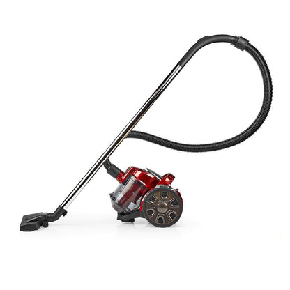 Ein Immersauger von Nedis – Staubsauger ohne Beutel – 700 W. 1,5 l Staubkapazität, Hepa-Filter, Anthrazit/Rot mit transparentem Staubbehälter, zwei großen Hinterrädern und einem schwarzen flexiblen Schlauch, der mit einem langen silbernen Verlängerungsroh