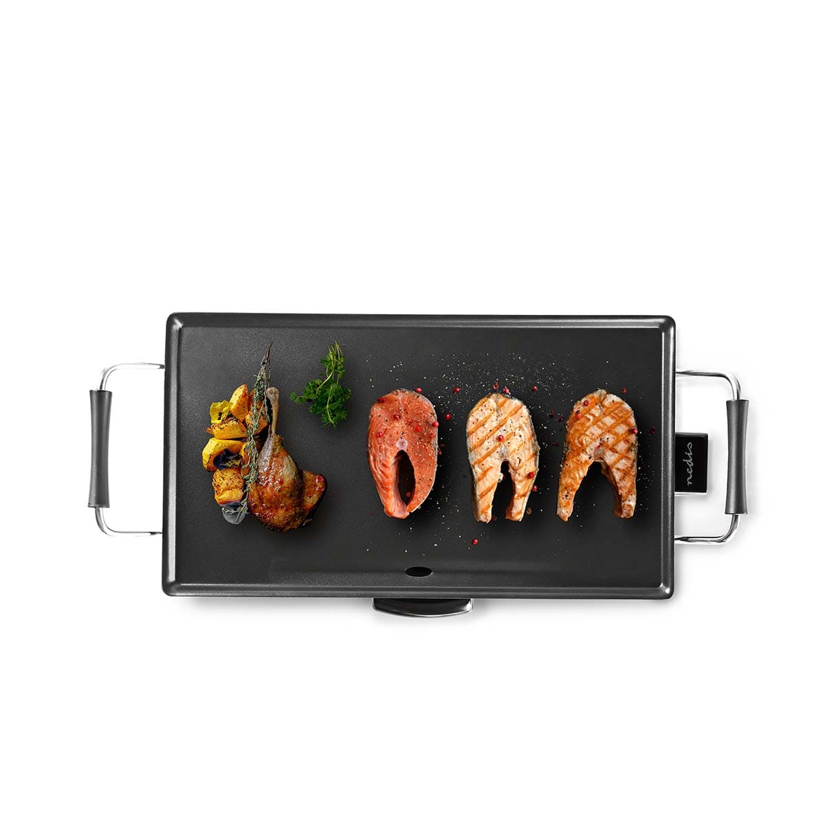 Nedis - Teppanyaki-Tischgrill - 5 Wärmeeinstellungen, Antihaft-Beschichtung, Abnehmbare Teile, Cool-Touch-Griff, Anti-Rutsch, Backfläche 47.5 x 26.5 cm
