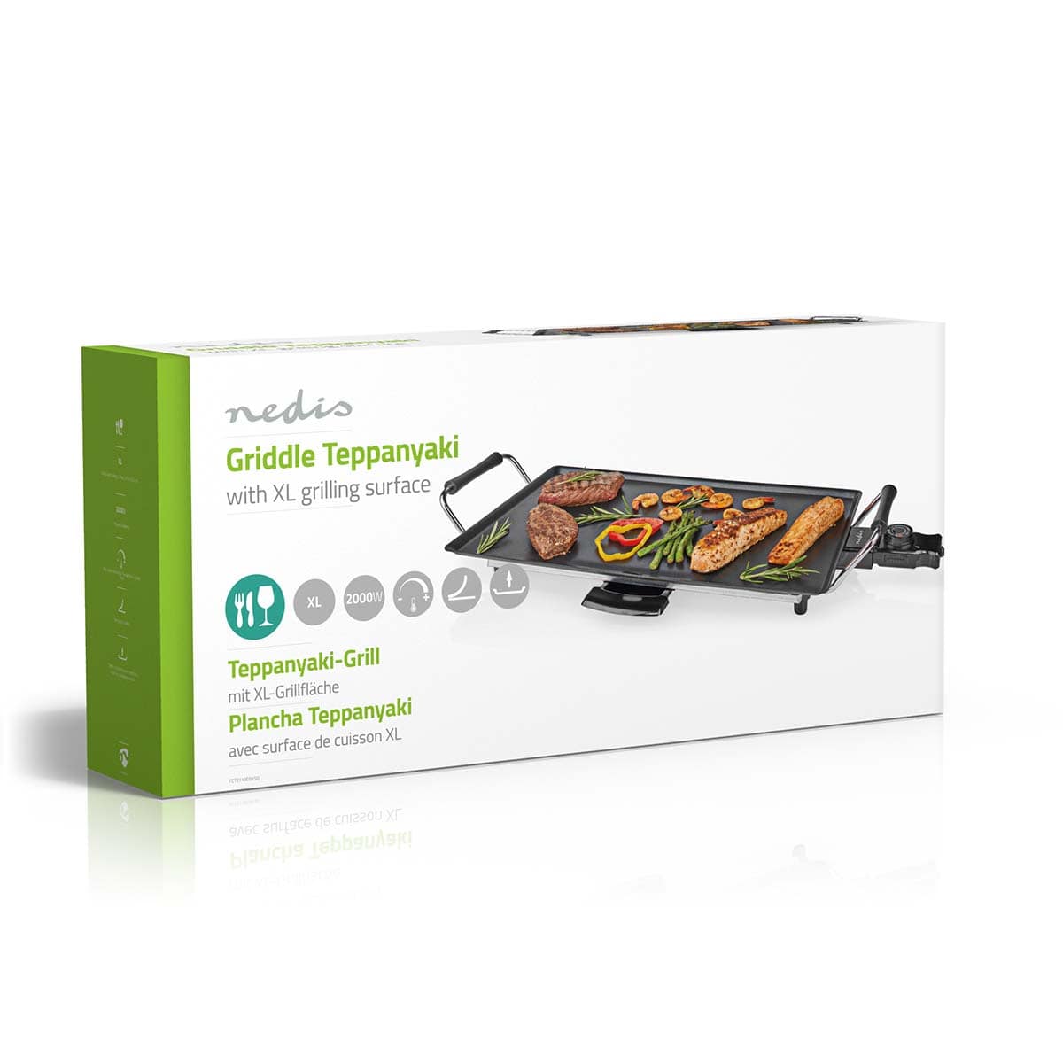 Nedis - Teppanyaki-Tischgrill - 5 Wärmeeinstellungen, Antihaft-Beschichtung, Abnehmbare Teile, Cool-Touch-Griff, Anti-Rutsch, Backfläche 47.5 x 26.5 cm