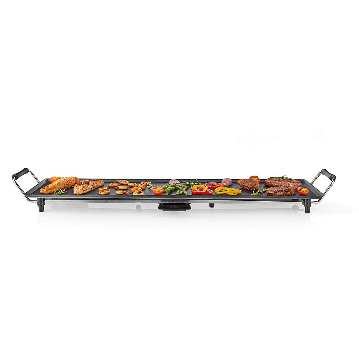 Ein langer, rechteckiger Immersaugut-Teppanyaki-Tischgrill von Nedis mit gleichmäßig auf seiner 90 x 23 cm großen Grillfläche verteilten Speisen. Die Grillplatte hat zwei schwarze Griffe auf jeder Seite und eine silberne Basis. Dank der Antihaftbeschichtu