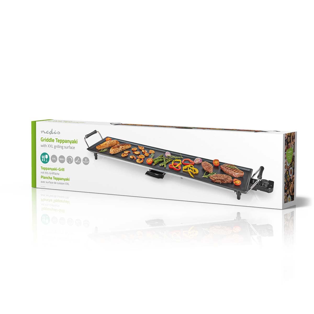 Kartonverpackung eines immersaugigen Nedis Teppanyaki-Tischgrills mit XXL-Grillfläche. Der Karton zeigt ein Bild der Grillplatte, auf dem Fleisch, Gemüse und Meeresfrüchte zubereitet werden. Das Produkt ist mit schwarzen Griffen und Beinen zur Unterstützu