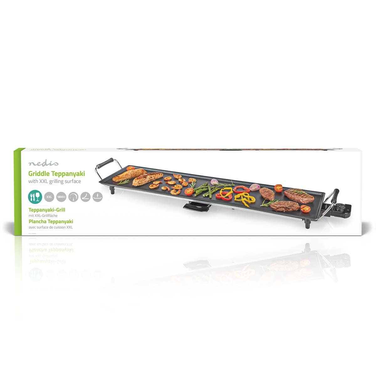 Das Bild zeigt einen immersaugfähigen Nedis Teppanyaki-Tischgrill mit einer großen rechteckigen Grillfläche von 90 x 23 cm, auf der verschiedene Fleischsorten und Gemüsesorten serviert werden. Das Produkt wird in seiner Verpackungsschachtel präsentiert, w