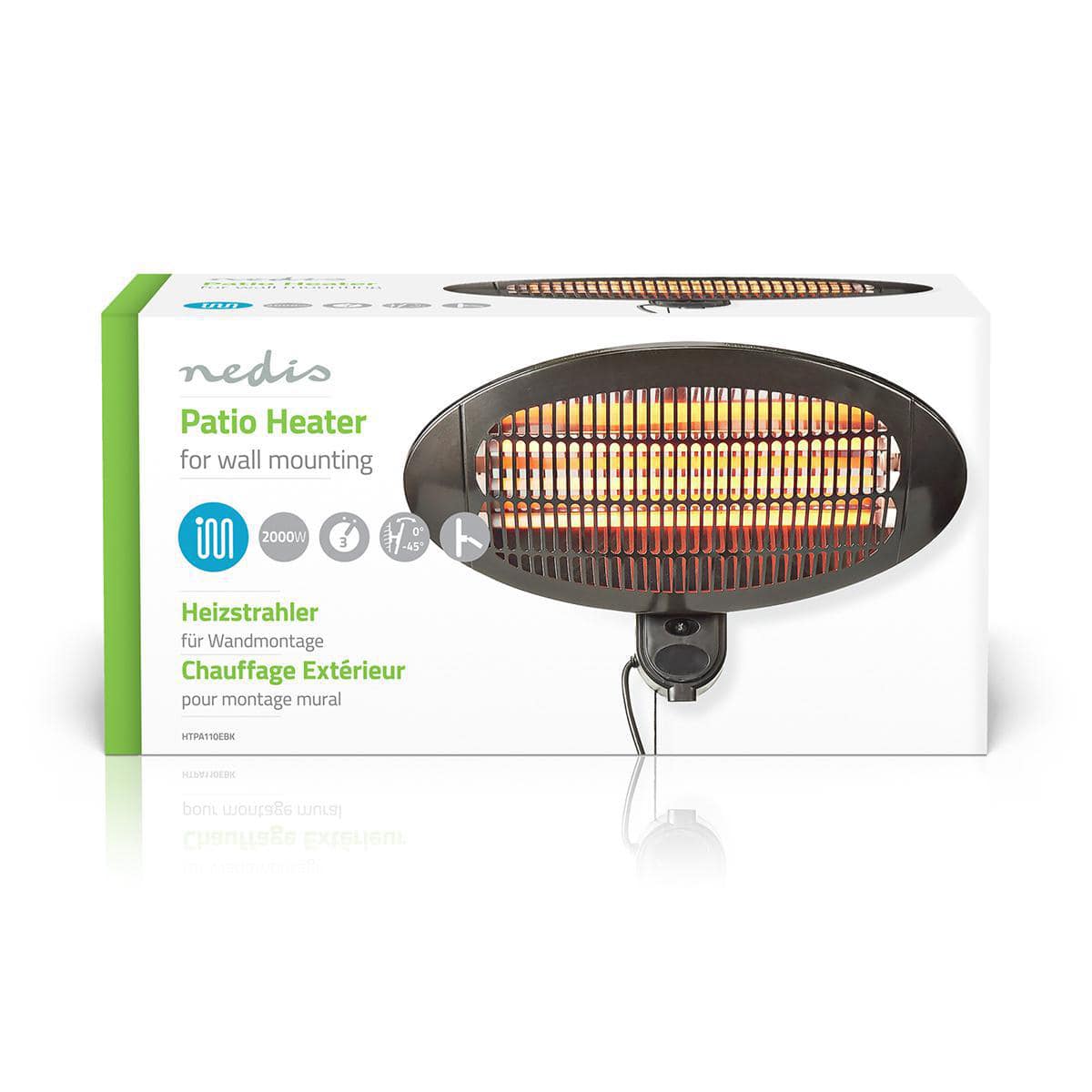 Ein Nedis Terrassenheizstrahler von immer-saugut wird in seiner Verpackung gezeigt. Die weiß-grüne Schachtel zeigt deutlich ein Bild des ovalen Terrassenheizstrahlers mit sichtbaren Heizelementen. Der Text auf der Schachtel betont die Leistung von „2000 W