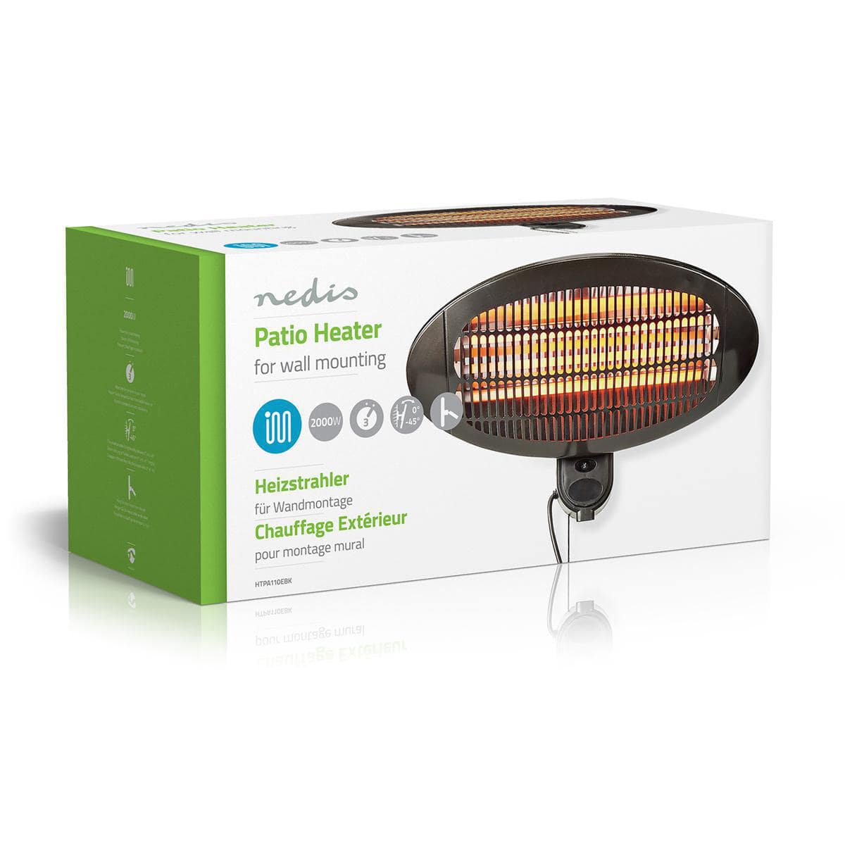 Karton eines immersaugfähigen Nedis Terrassenheizstrahlers zur Wandmontage, Vorderansicht. Die weiß-grüne Verpackung zeigt ein Bild des schwarzen Terrassenheizstrahlers mit seinem glühenden Heizelement. Der Text auf dem Karton weist darauf hin, dass es si