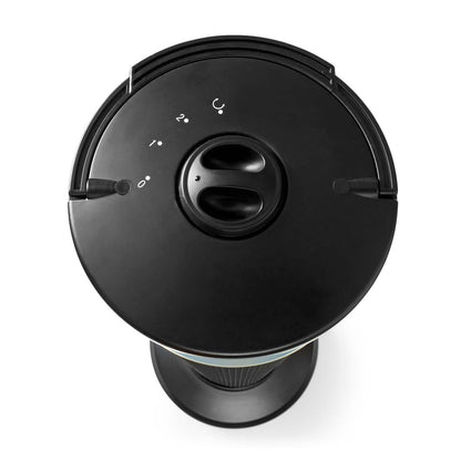Draufsicht des immersaugigen Nedis Terrassenheizstrahlers in Schwarz, der speziell für Außenterrassen entwickelt wurde. Er verfügt über ein kreisförmiges Design mit einem einstellbaren Drehknopf in der Mitte zur Steuerung von zwei Heizstufen, die durch mi