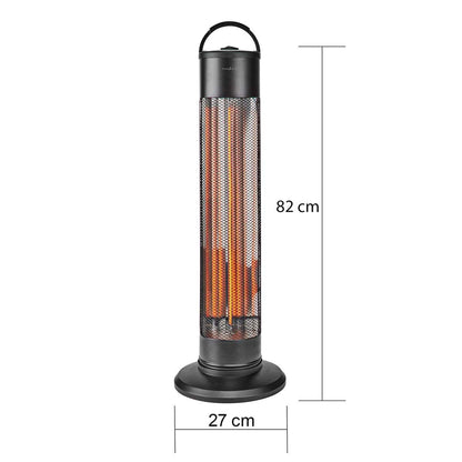 Ein schwarzer, zylindrischer Nedis Terrassenheizer von immer-saugut mit Mesh-Außenseite steht auf einem runden Sockel. Der Heizer verfügt über einen Griff an der Oberseite und ein sichtbares 1200-Watt-Kohleheizelement im Inneren. Seine Maße betragen 82 cm