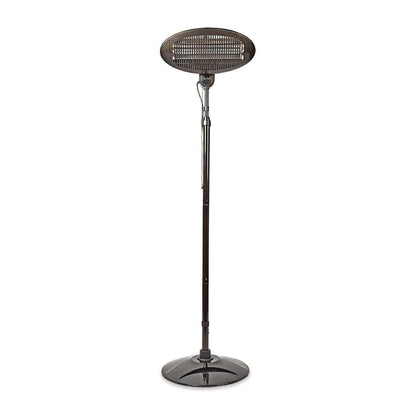 Der immer-saugut Nedis Terrassenheizer ist ein eleganter, schwarzer Terrassenheizer mit einem runden Heizelement an der Oberseite und einem verstellbaren Stangenständer. Das metallische Heizpaneel ist von einem Schutzgitter umgeben, während der robuste, r