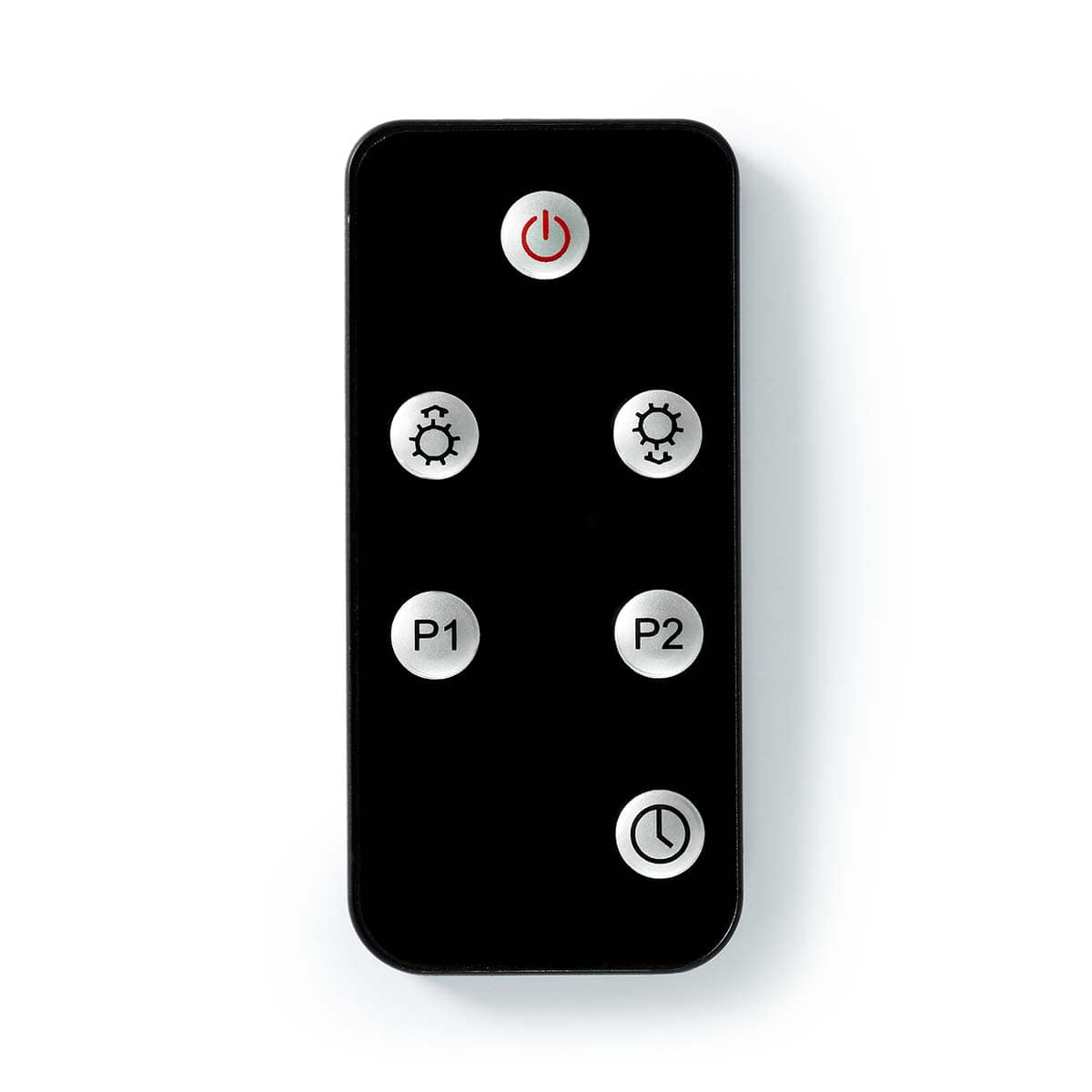 Der von immer-saugut angebotene Nedis-Terrassenheizer wird über eine schwarze, rechteckige Fernbedienung gesteuert. Diese Fernbedienung verfügt über sechs Tasten: eine rote Einschalttaste oben, zwei mit Sonnensymbolen beschriftete Helligkeitsregler direkt