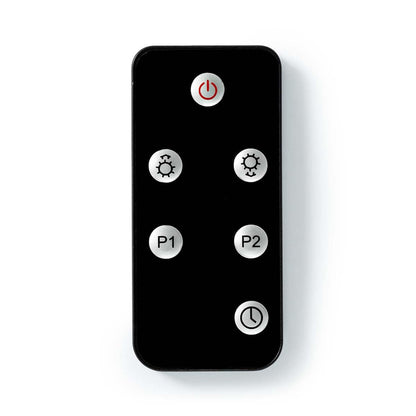 Der von immer-saugut angebotene Nedis-Terrassenheizer wird über eine schwarze, rechteckige Fernbedienung gesteuert. Diese Fernbedienung verfügt über sechs Tasten: eine rote Einschalttaste oben, zwei mit Sonnensymbolen beschriftete Helligkeitsregler direkt