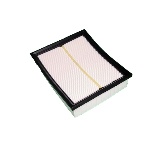 Ein rechteckiger Abluftfilter von Mistervac OHG mit schwarzem Rahmen, weißem Faltenfilter und gelbem Mittelstreifen für PARKSIDE PERFORMANCE WerkstattSauger (PPWD 30 A1/B2), abgebildet auf weißem Hintergrund.