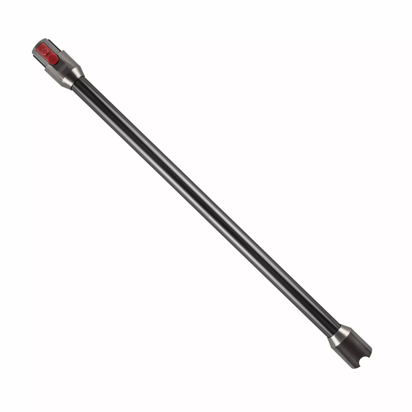 Das immer-saugut Saugrohr Dyson V12 dunkelgrau kompatibel ist ein langes, gerades, dunkelgraues Verlängerungsrohr mit metallisch-grauen Enden und einem roten Knopf an einem Ende für kompatible Staubsauger; abgebildet auf einem schlichten weißen Hintergrun