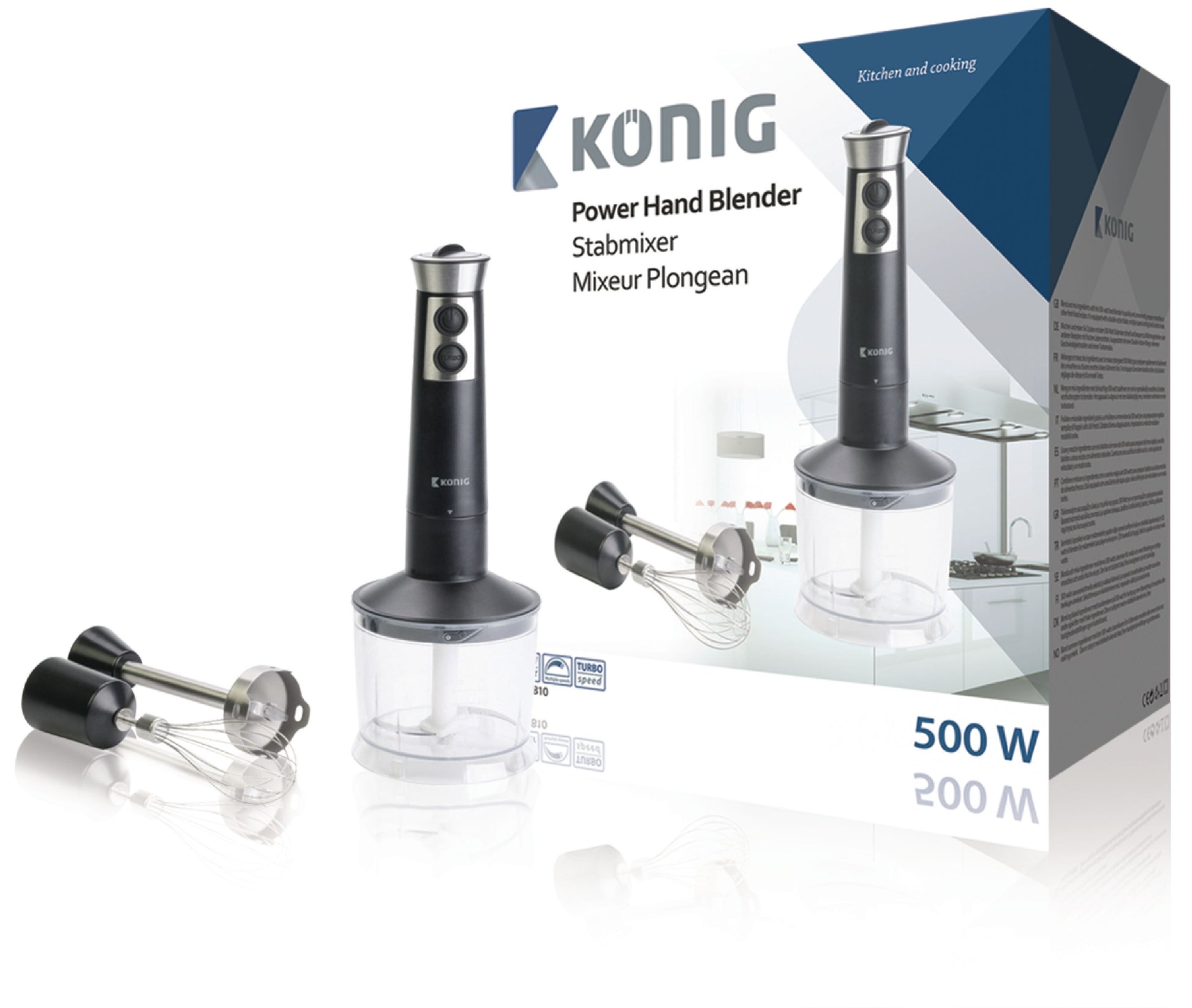 Ein schwarz-silberner Stabmixer der Nedis GmbH mit einem leistungsstarken 500-Watt-Motor und einer Double-Action-Klinge steht vor seiner Verpackung, auf der das Produktbild, der Markenname und die Aufschrift „Power Hand Blender 500W“ in Englisch, Deutsch und Französisch zu sehen sind. Im Lieferumfang sind praktische Aufsätze zum Schlagen und Zerkleinern enthalten.