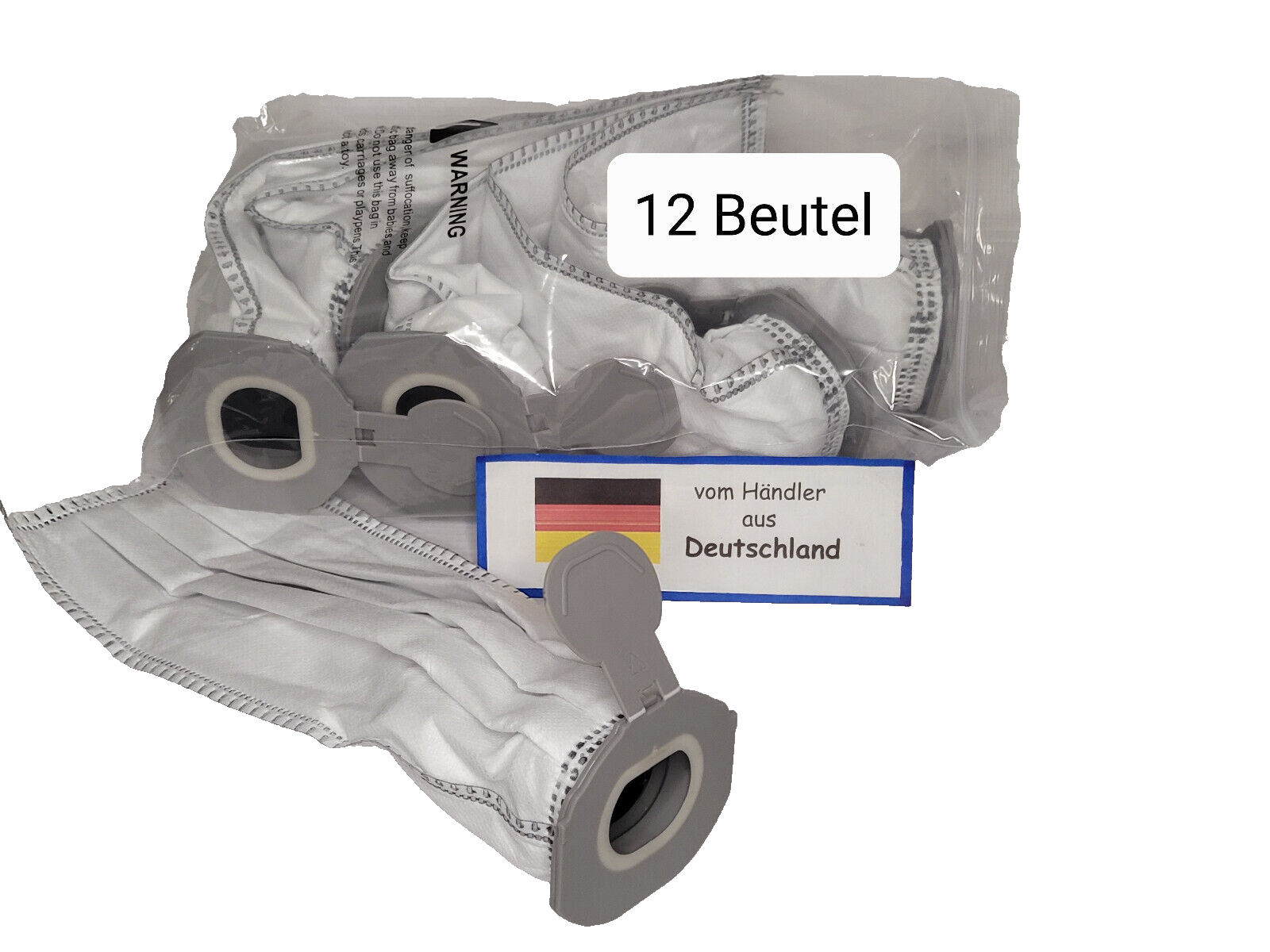 Ausgestellt ist ein Set Staubsaugerbeutel mit grauen Gummiöffnungen, von denen einer nach vorne ragt. Die durchsichtige Verpackung trägt die Aufschrift „12 Staubsaugerbeutel“. Sie ist mit einer deutschen Flagge versehen und weist auf die deutsche Herkunft