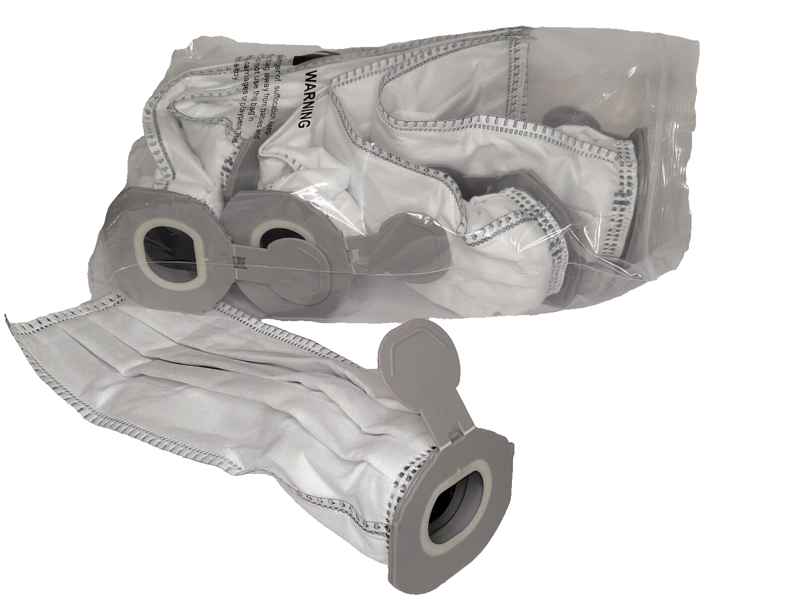 Eine Packung gefalteter weißer Gesichtsmasken mit grauen, verstellbaren Ventilteilen spiegelt die Präzision des Vorwerk Kobold VK7-Designs von RMO wider. Die Masken sind in einer durchsichtigen Tasche mit einem „WARNUNG“-Etikett verpackt und verfügen über