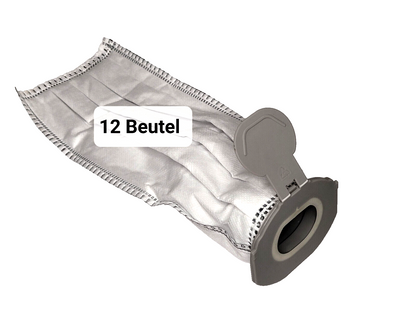 Der weiße RMO Staubsaugerbeutel für den Vorwerk Kobold VK7 verfügt über einen Kunststoffanschluss und eine Klappe. Sein rechteckiges, plissiertes Design trägt ein schwarzes „12 Beutel“-Etikett mit sauber genähten Kanten und sichtbarem schwarzen Faden, der