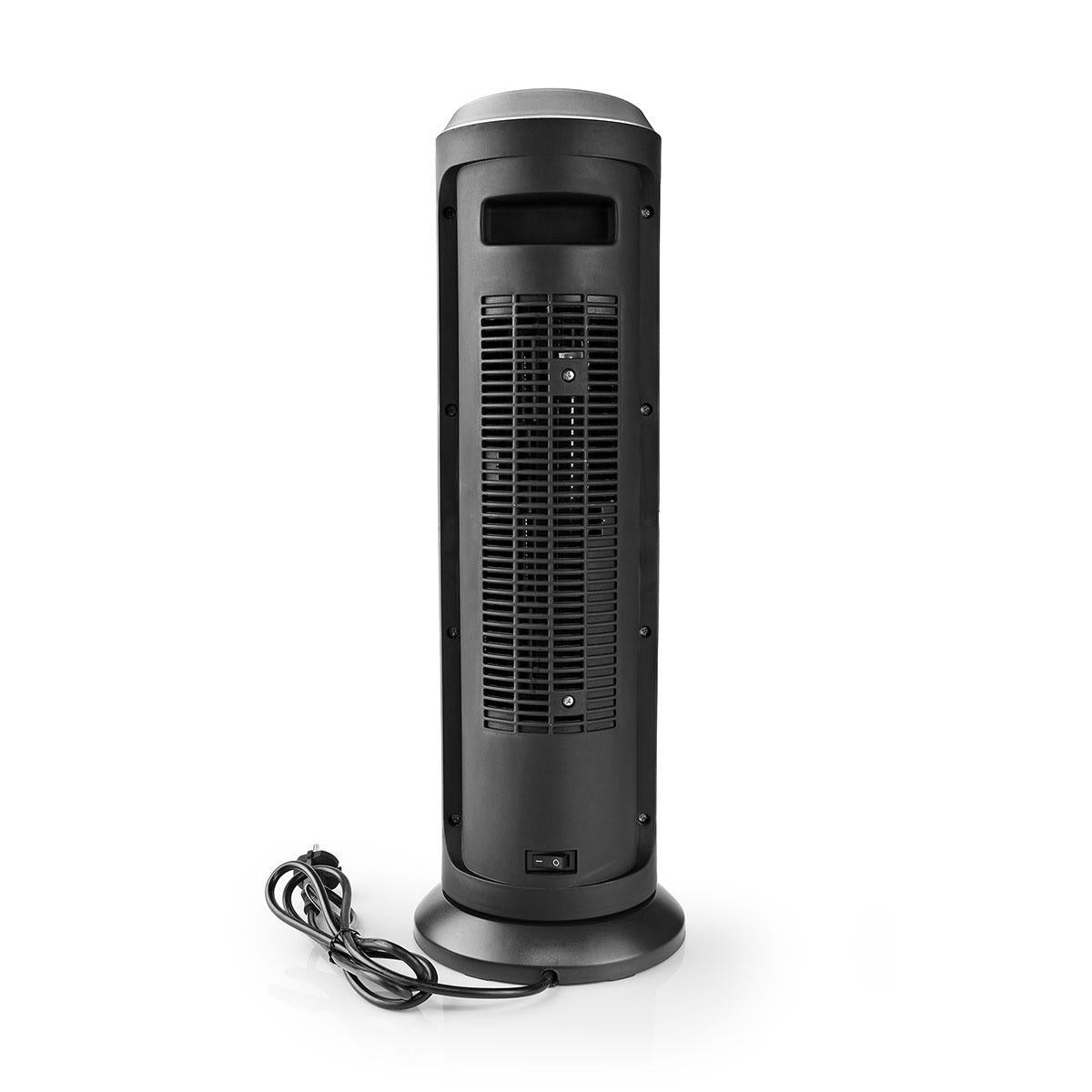 Ein hoher, schwarzer SmartLife Heizlüfter WLAN Android™ / iOS 2000 W #2 steht aufrecht auf einem runden Sockel mit einem vertikalen Frontgitter, einem kleinen Netzschalter an der Unterseite und einem aufgerollten Netzkabel, das auf der weißen Oberfläche aufliegt.