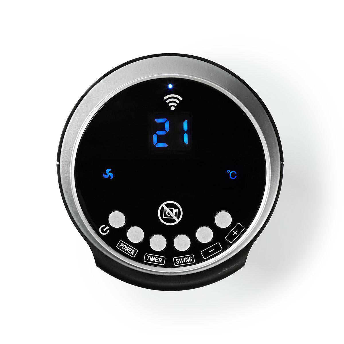 Ein rundes, glänzend schwarzes SmartLife-Heizlüfter-Bedienfeld WLAN Android™ / iOS 2000 W #2 in einem silbernen Rahmen, auf dem eine blaue „21“ und ein WLAN-Symbol zu sehen sind, mit berührungsempfindlichen Tasten für Ein-/Ausschalten, Timer, Schwenkfunktion und Einstellung.