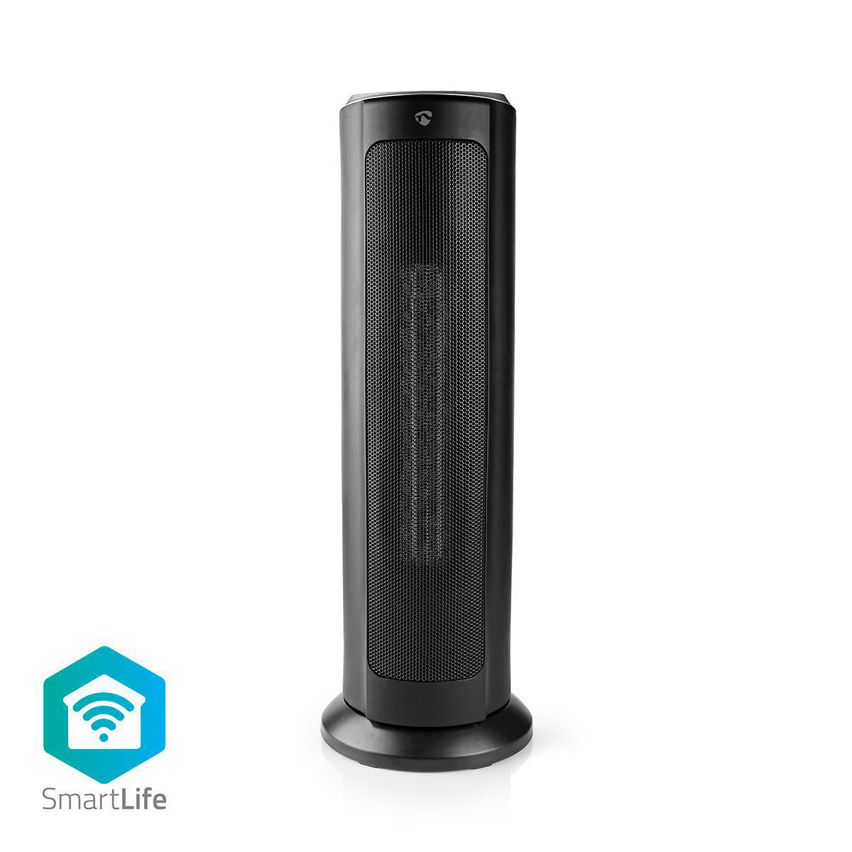 Ein schlanker, zylindrischer, schwarzer SmartLife Heizlüfter WLAN Android™ / iOS 2000 W #2 steht senkrecht vor einem weißen Hintergrund und verfügt über ein feinmaschiges Gitter, einen runden Sockel und ein kleines blau-weißes WLAN-Symbol.