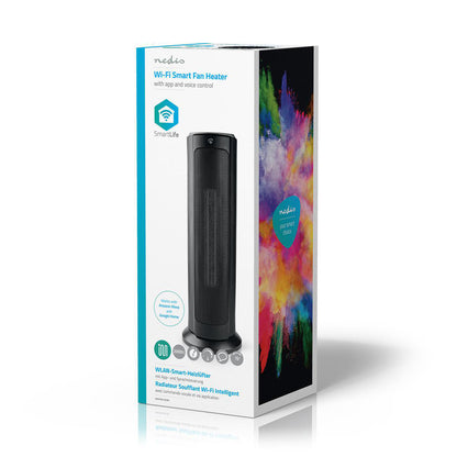 Ein schwarzer SmartLife Heizlüfter WLAN Android™ / iOS 2000 W Nr. 2 steht auf einer weißen Produktverpackung, die mit bunten, abstrakten Farbspritzern, Symbolen für WLAN-Konnektivität und einem Hinweis zur Sprachsteuerung verziert ist.